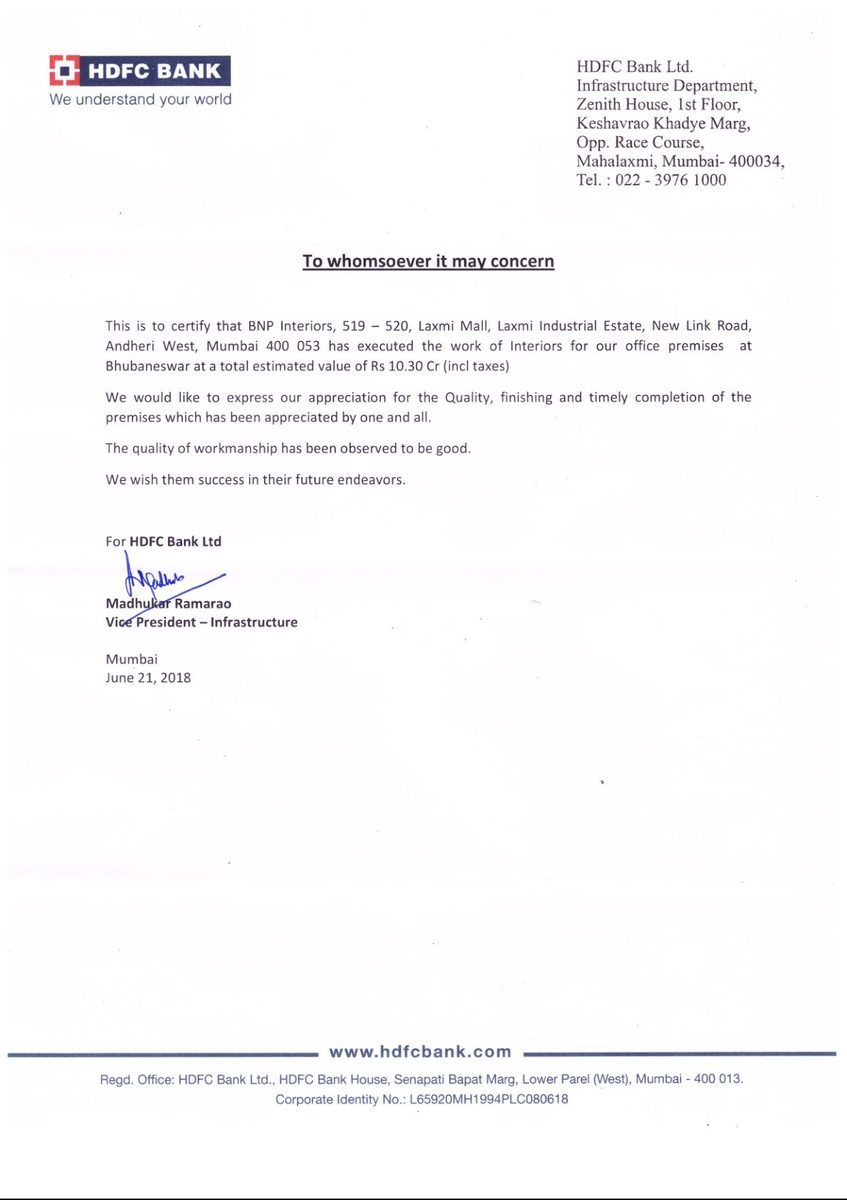 HDFC Bank - Appreciation Certificate