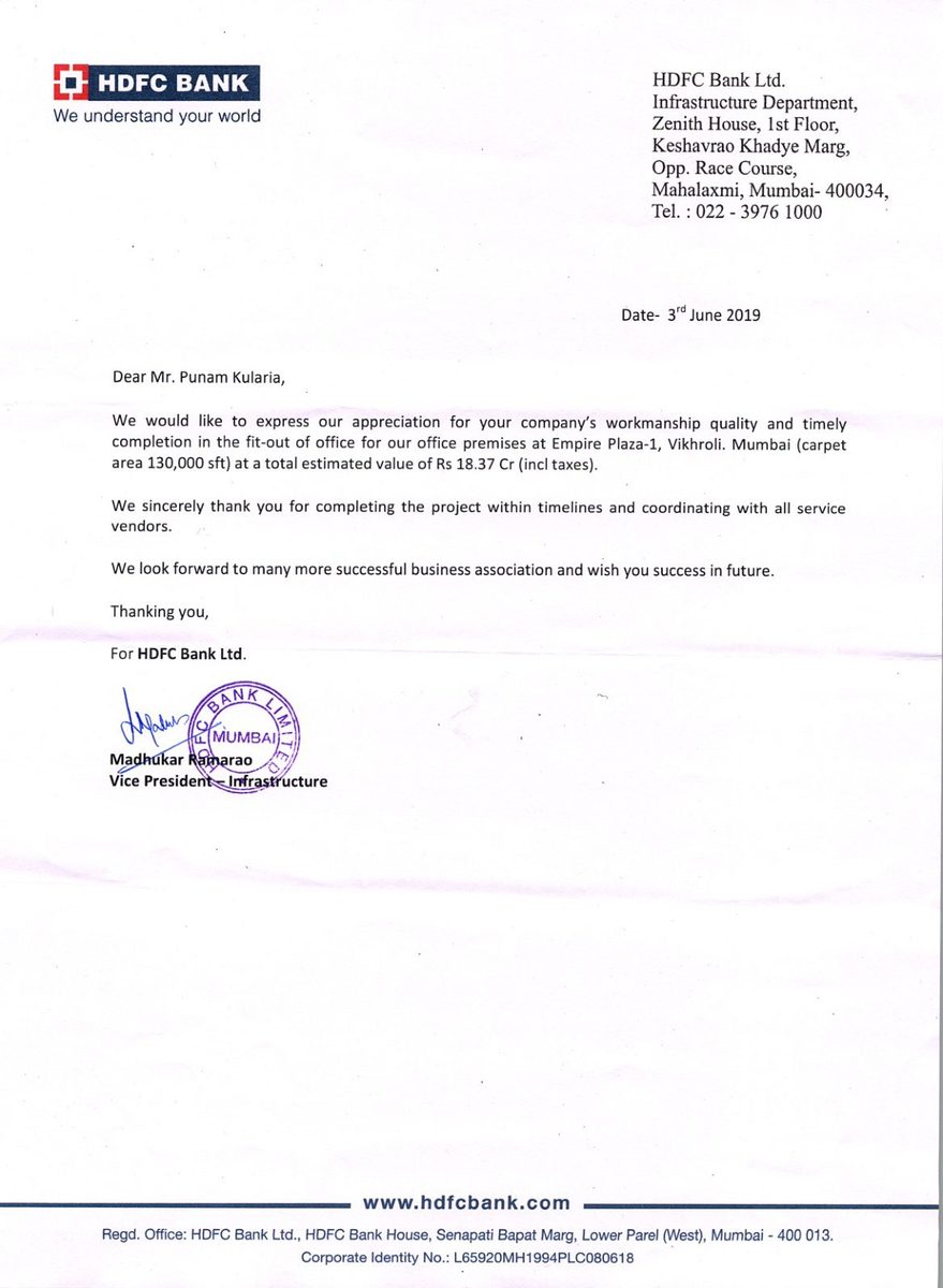 HDFC Bank - Project Commendation