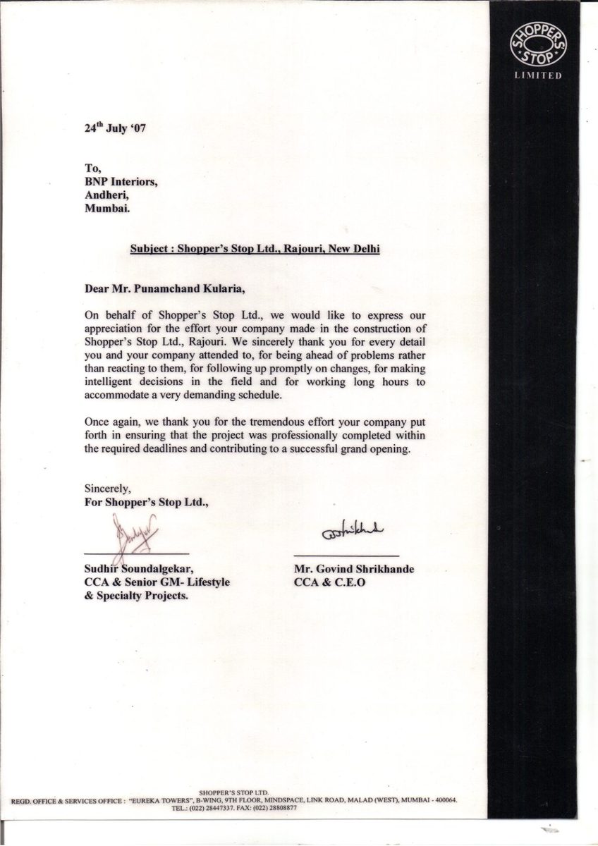 Shoppers Stop Ltd. - Letter of Appreciation