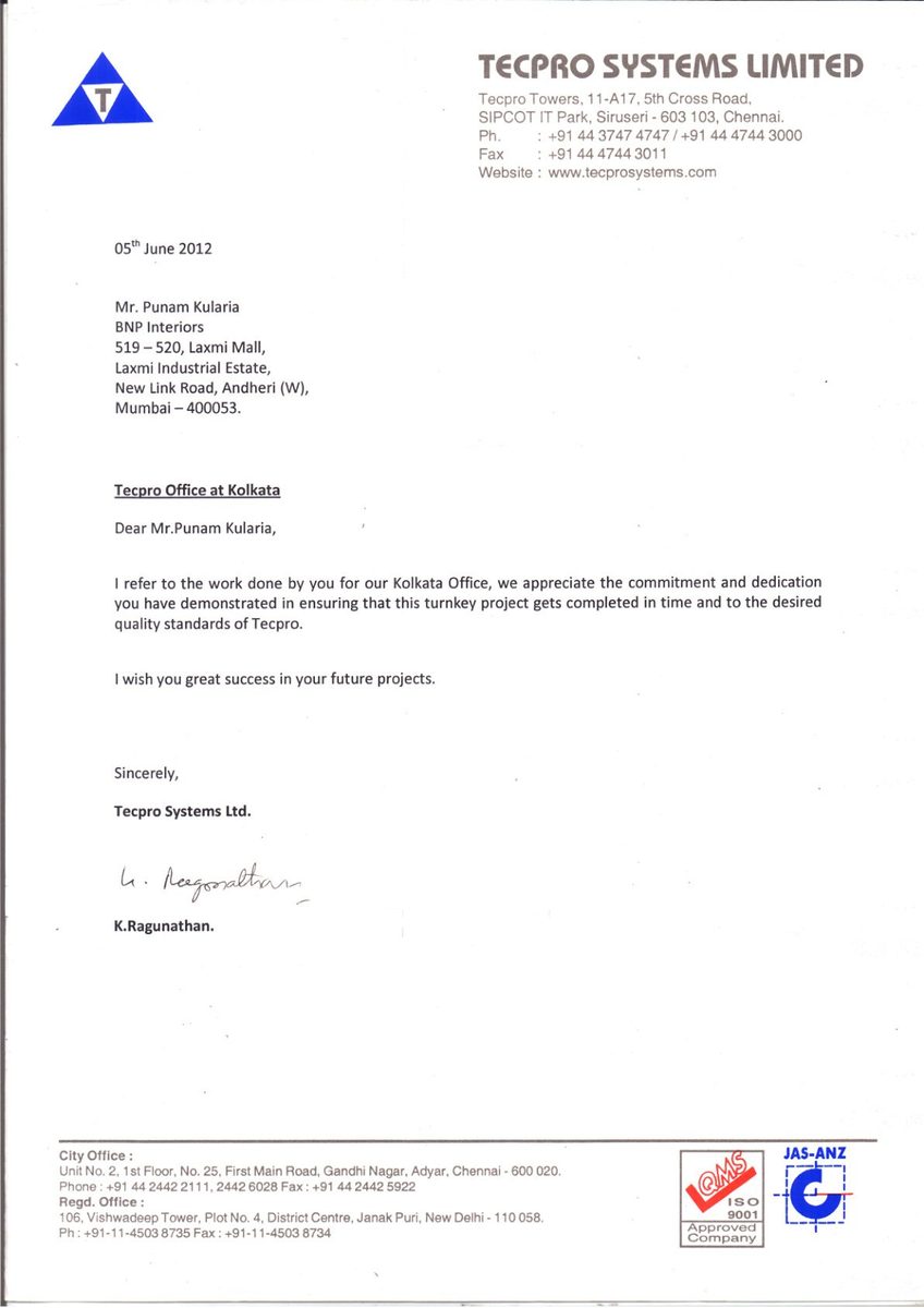 Tecpro Systems Ltd. - Completion Certificate